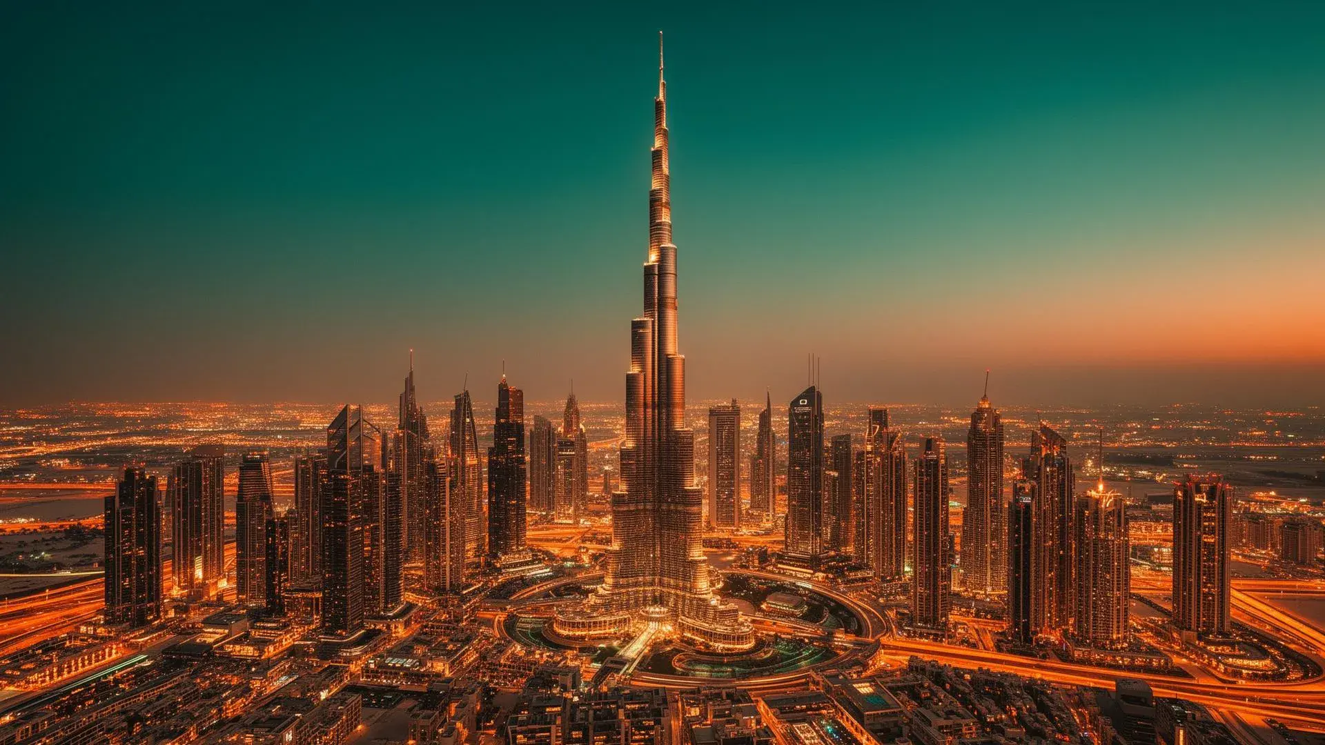 Dubai siluet ve Burj Al Arab gece görüntüsü
